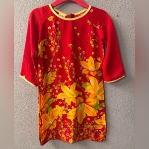 Vietnamese ao dai Floral Red and Yellow Dress for girls